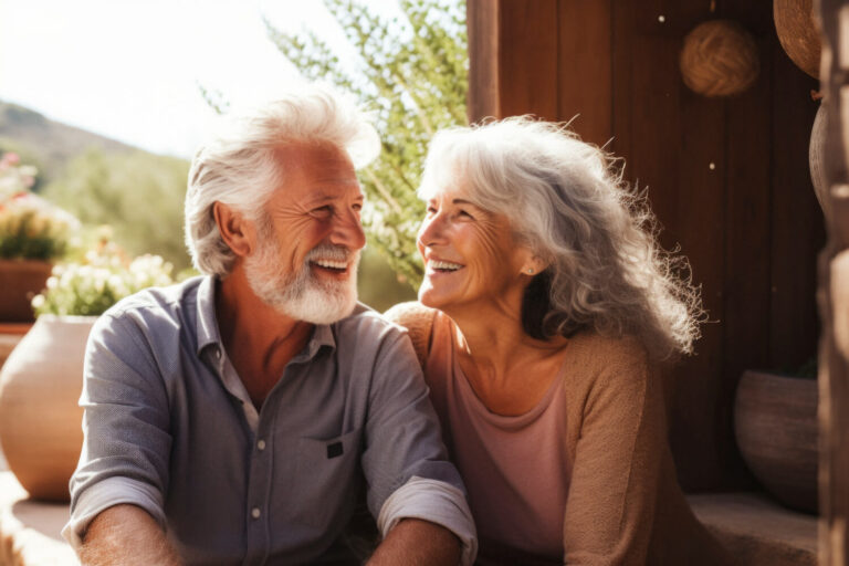 Casal idoso sorrindo e olhando-se com cumplicidade ao ar livre, representando a liberdade dos implantes dentários na Odonto Esthetic Master em Cruz Alta.