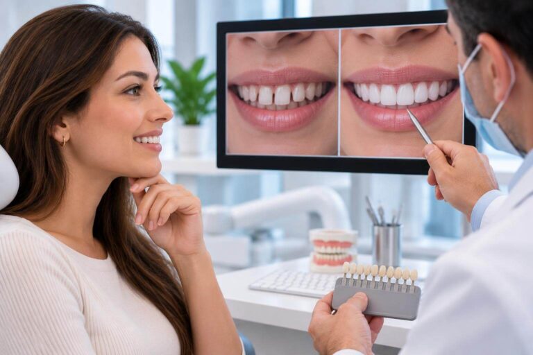 Dentista da Odonto Esthetic Master em Cruz Alta - RS explica o preparo e desgaste para lentes de contato dental a uma paciente.